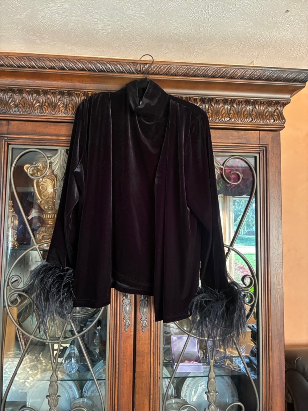 MSK Black Velvet Turtleneck Sweater with Feather Cuffs